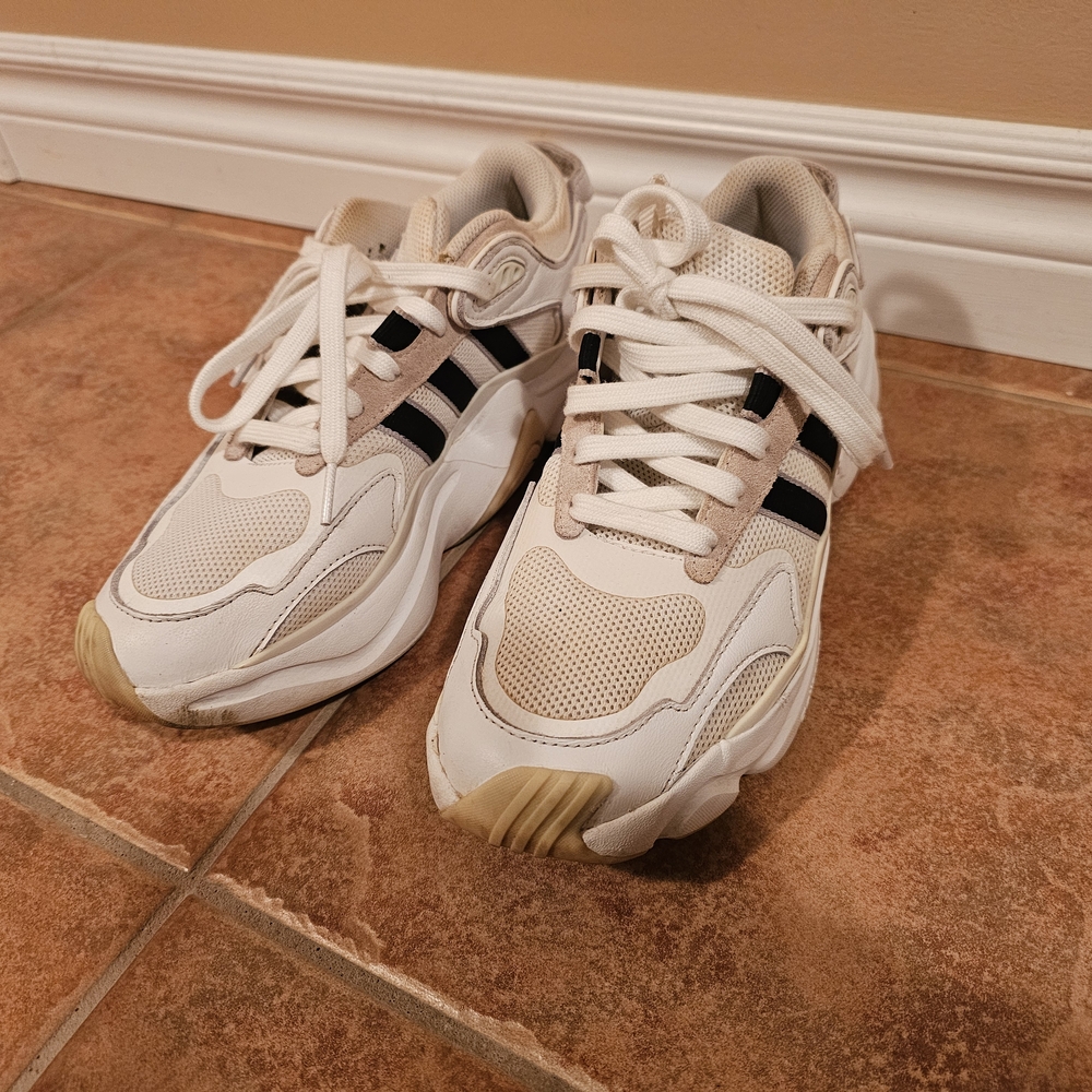 Adidas ADIPRENEWhite Cream Athletic Sneakers with Black Stripes